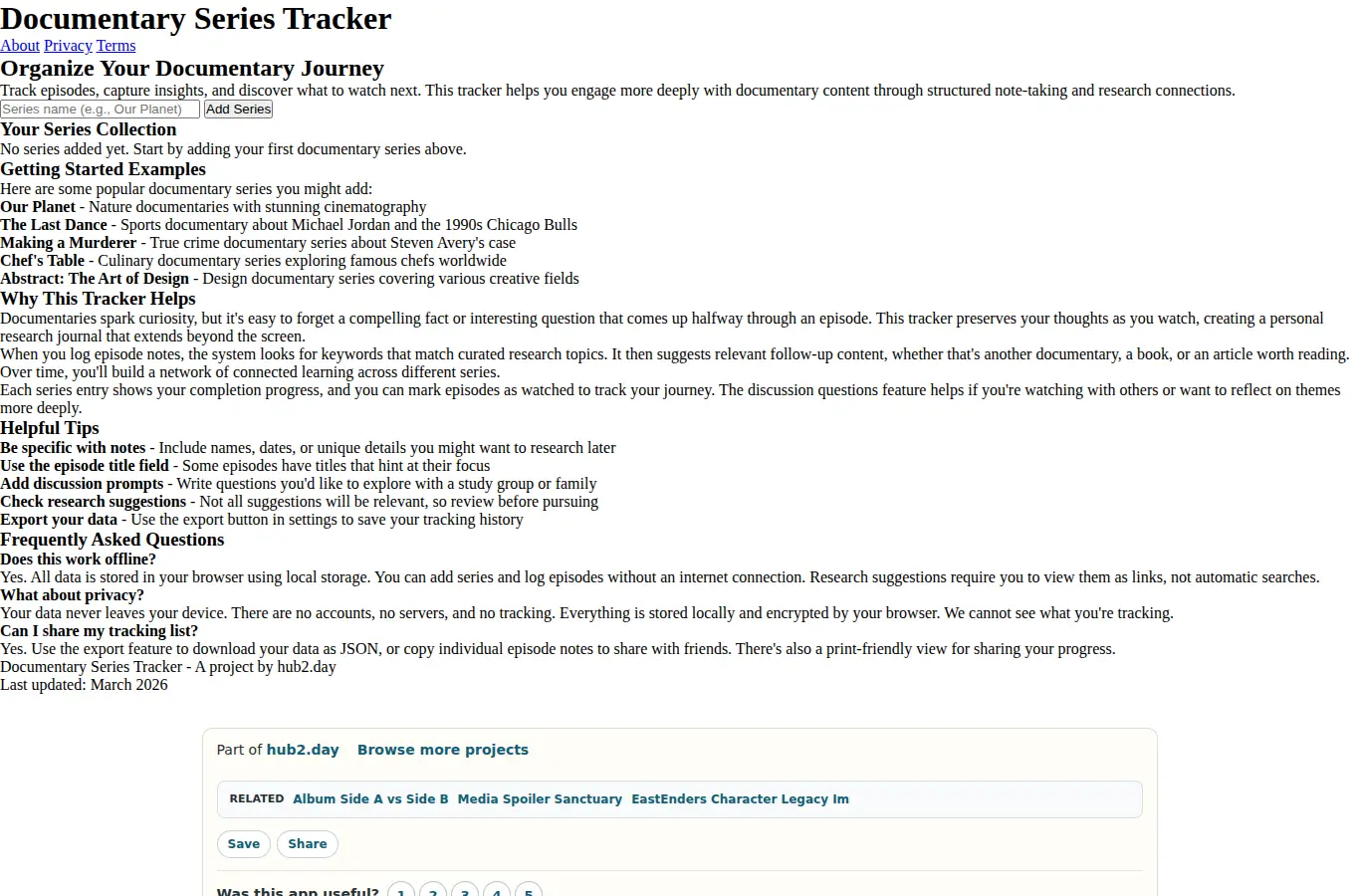 Screenshot of Documentary Series Tracker interface showing the project page in use